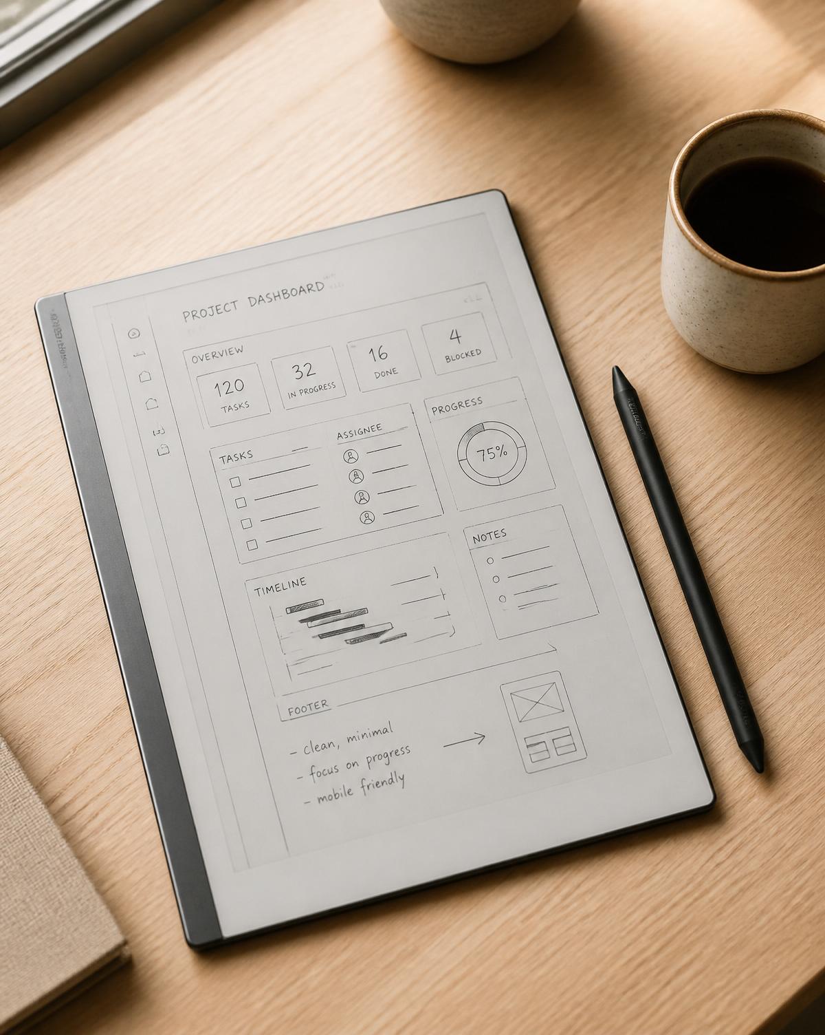 A reMarkable 2 tablet showing a hand-drawn UX wireframe, with a stylus pen resting on a light wooden desk.